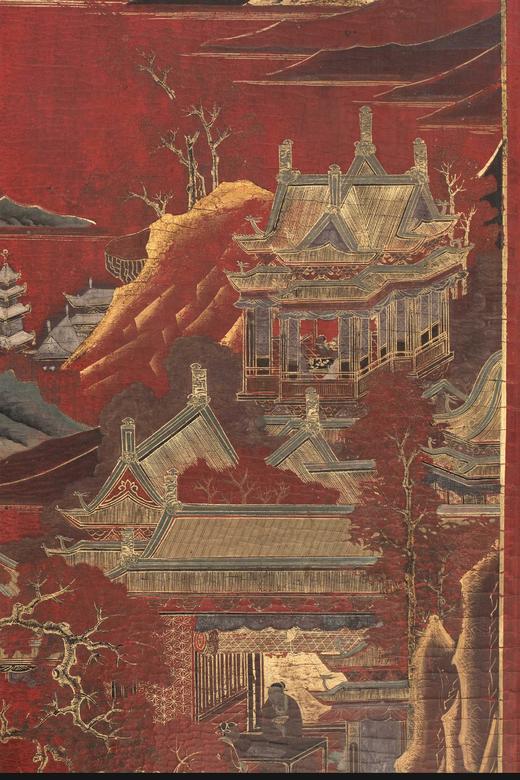 独角鹿西洋古董 19世纪中国出品山水亭台主题描金装饰红漆地款彩双面六曲屏风 商品图9