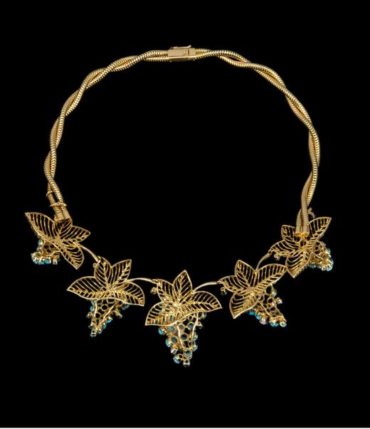 独角鹿西洋古董 1950年代法国出品18K黄金镶嵌钻石及绿松石葡萄造型纽纹款项链 商品图4