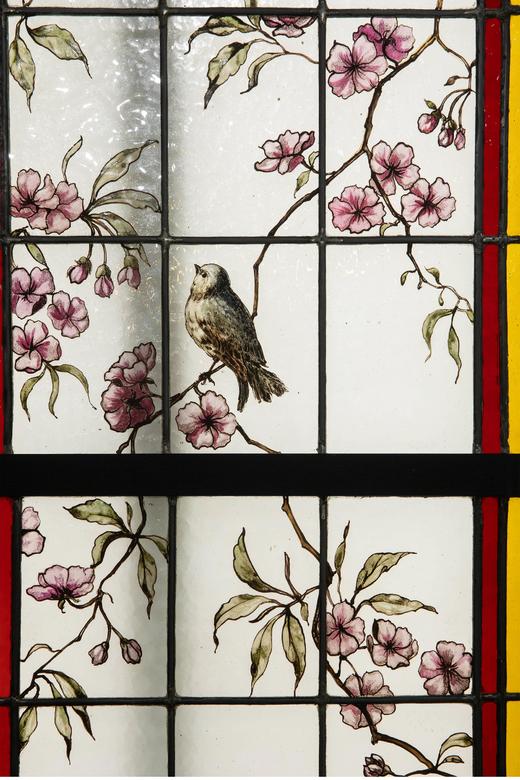 独角鹿西洋古董 19世纪末20世纪初法国新艺术时期出品雀鸟繁花主题彩绘玻璃花窗一组 商品图4