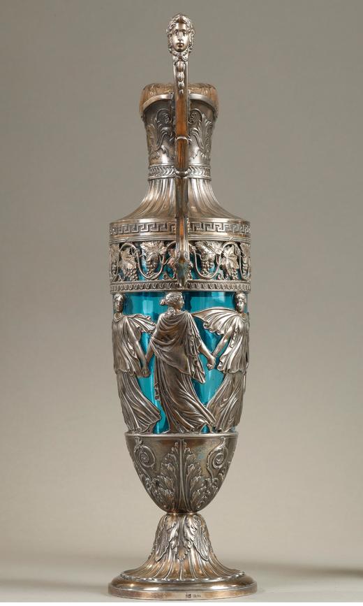 独角鹿西洋古董 19世纪末德国著名工坊WMF出品Amphora器形葡萄女神主题镀银精雕装饰蓝色玻璃单耳壶一对 商品图2