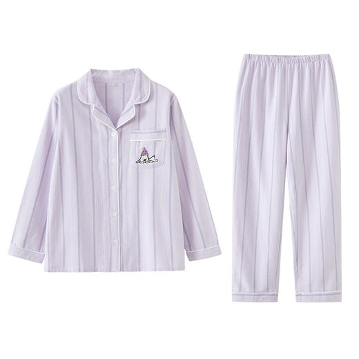 2025秋新款！情侣款纯棉磨毛家居服  瞌睡小狗刺绣显瘦竖条长袖长裤睡衣套装 商品图4