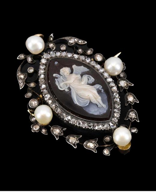 独角鹿西洋古董 19世纪欧洲出品黄金底纯银镶嵌天然海水珍珠钻石及天使奏乐主题卡梅奥玛瑙浮雕胸针/吊坠 商品图3