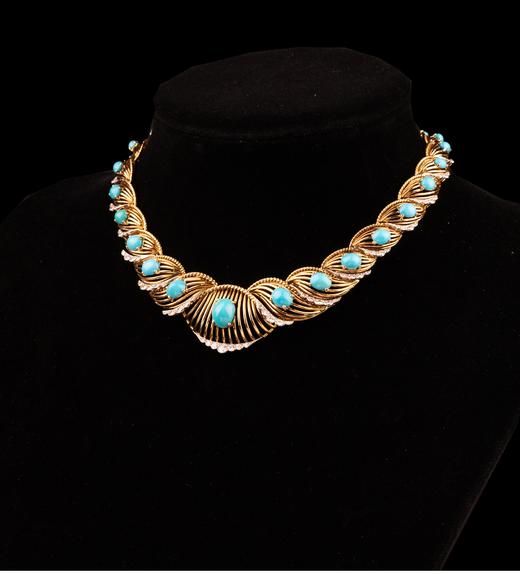 独角鹿西洋古董 法国珠宝品牌出品编织纽纹造型18K黄金白金镶嵌钻石及绿松石项链 商品图2