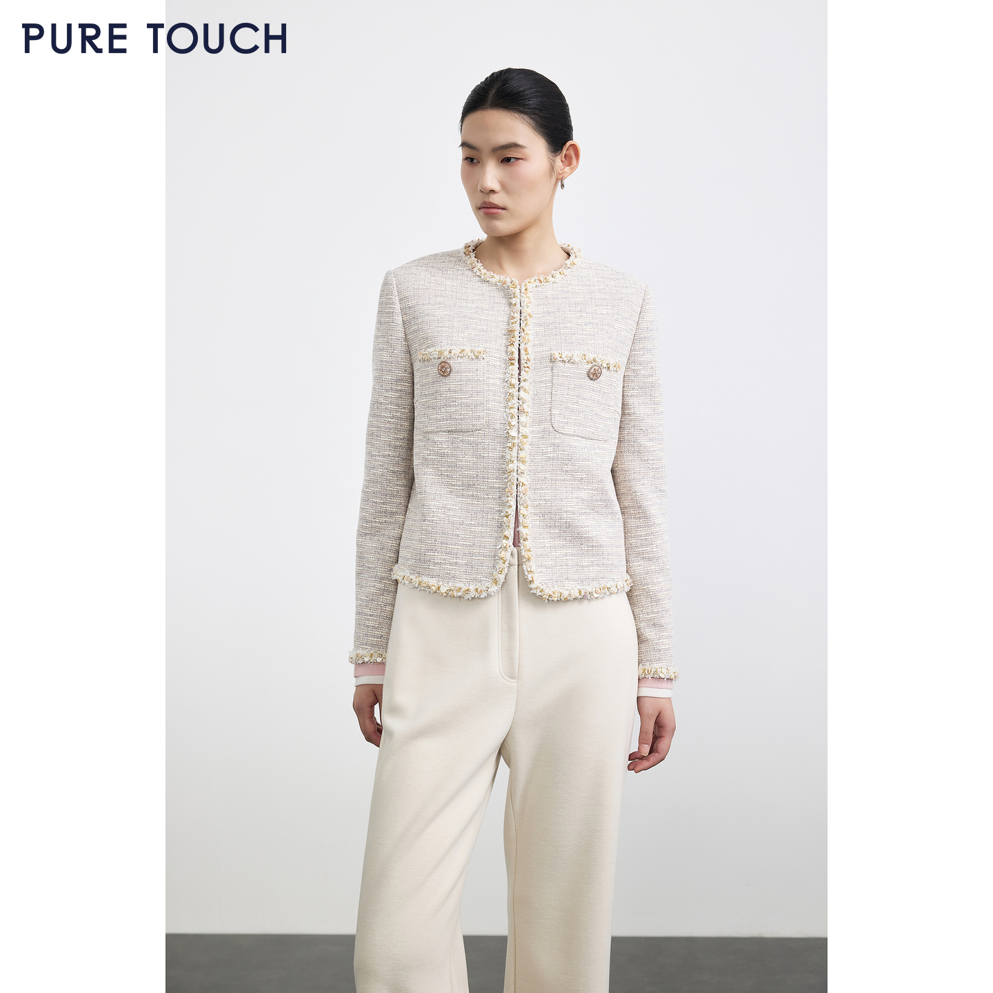 PURE TOUCH女装25秋冬新款粗花呢小香风短外套法式圆领棉混纺外套