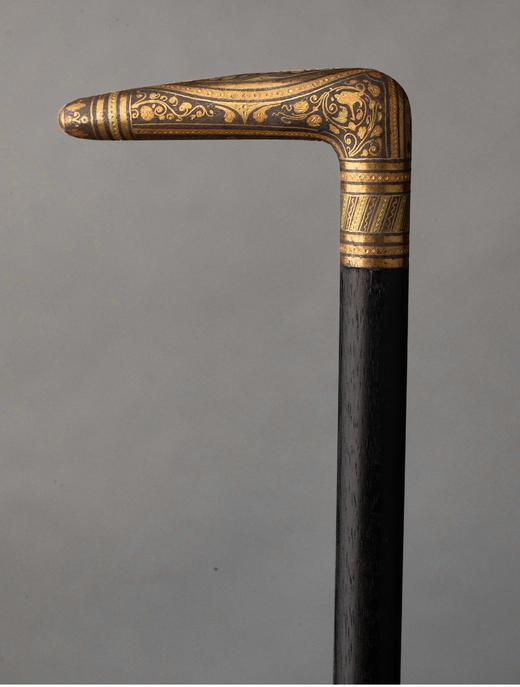 独角鹿西洋古董 1880-1910年代西班牙出品卷叶花卉纹主题托莱多钢镶嵌黄金杖柄装饰硬木杖身古董手杖 商品图1