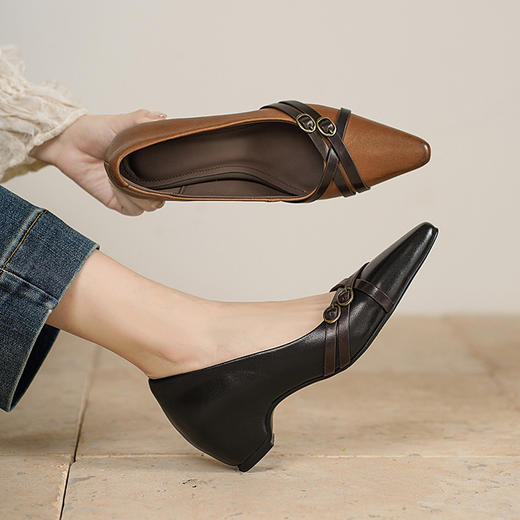 【预售5天】法式复古皮带扣低跟小皮鞋女新款真皮尖头浅口单鞋GP&3517 商品图0