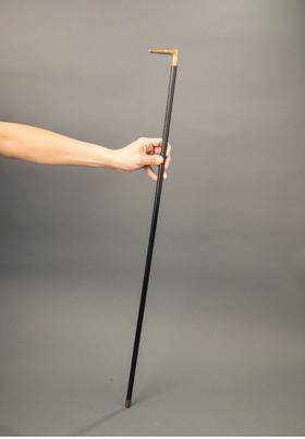 独角鹿西洋古董 1880-1910年代西班牙出品卷叶花卉纹主题托莱多钢镶嵌黄金杖柄装饰硬木杖身古董手杖