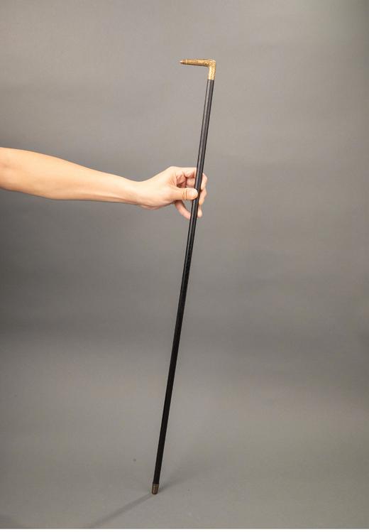 独角鹿西洋古董 1880-1910年代西班牙出品卷叶花卉纹主题托莱多钢镶嵌黄金杖柄装饰硬木杖身古董手杖 商品图0