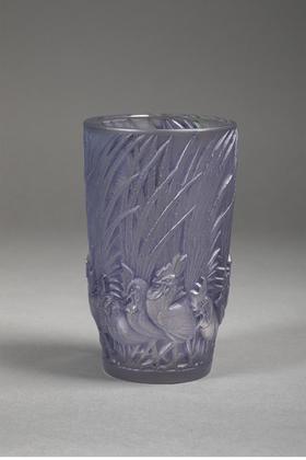 独角鹿西洋古董 1928年法国水晶工坊莱俪LALIQUE设计出品「Coqs et Plumes 公鸡与羽毛」主题欧泊水晶花瓶