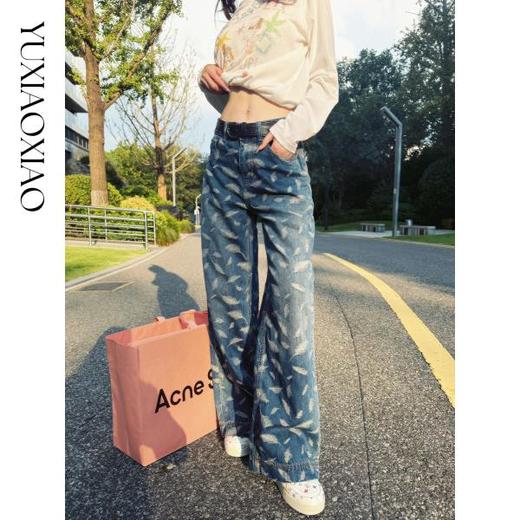 余潇潇【飞羽情书】棉感精美羽毛印花挺括显瘦百搭显腿长直筒牛仔裤 商品图0