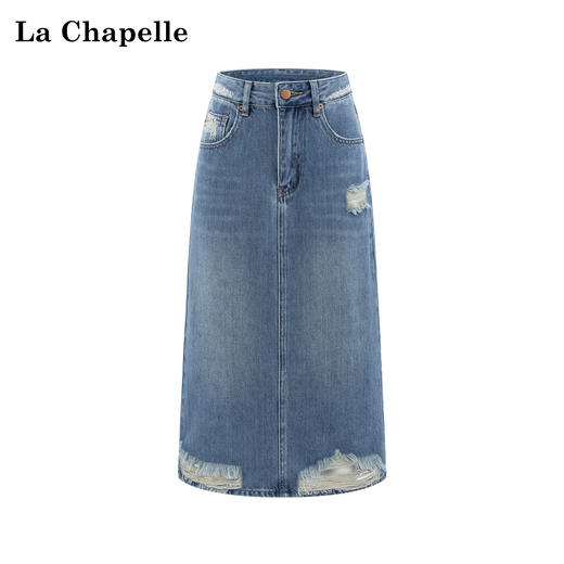 拉夏贝尔/La Chapelle新款高腰显瘦牛仔半身裙女中长款a字后开叉裙子 商品图0