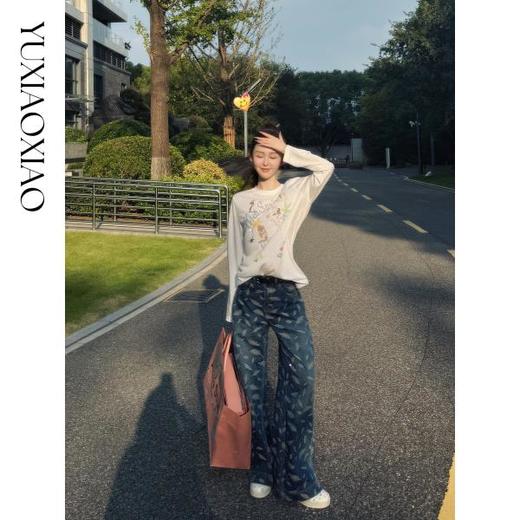 余潇潇【飞羽情书】棉感精美羽毛印花挺括显瘦百搭显腿长直筒牛仔裤 商品图2