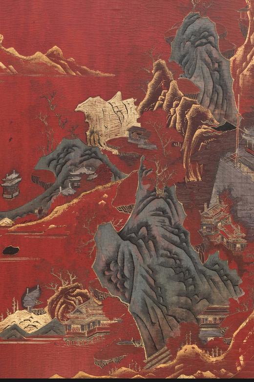 独角鹿西洋古董 19世纪中国出品山水亭台主题描金装饰红漆地款彩双面六曲屏风 商品图6