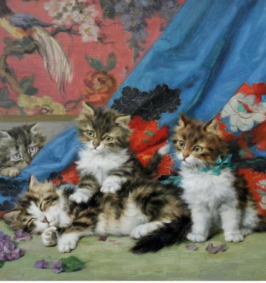 独角鹿西洋古董 20世纪初法国画家Daniel Merlin签名创作动物主题油画作品《母猫与三只小猫》 商品图3