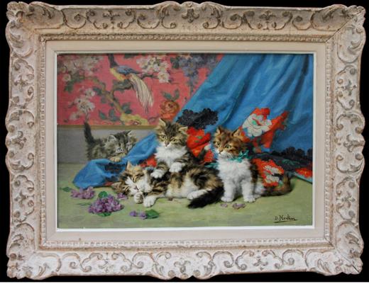 独角鹿西洋古董 20世纪初法国画家Daniel Merlin签名创作动物主题油画作品《母猫与三只小猫》 商品图1