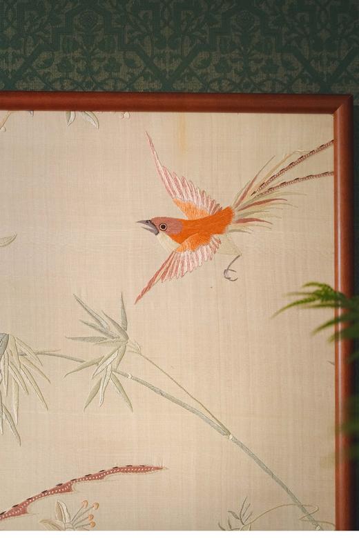 【已售】独角鹿西洋古董 1900年代中国出品「锦上添花」传统东方花鸟主题粤绣挂屏 商品图2