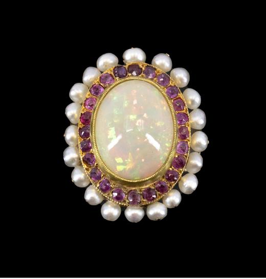 独角鹿西洋古董 1890年代法国出品18K黄金镂雕戒托镶嵌欧泊石天然海水珍珠及红宝石戒指 商品图0