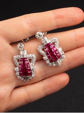 独角鹿西洋古董 英国出品装饰艺术风格铂金镶嵌红宝石及钻石耳坠一对