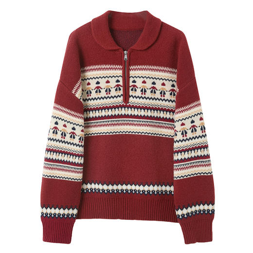 三彩2025冬季新款红色拉链翻领氛围感提花针织衫宽松落肩袖毛衣 商品图4