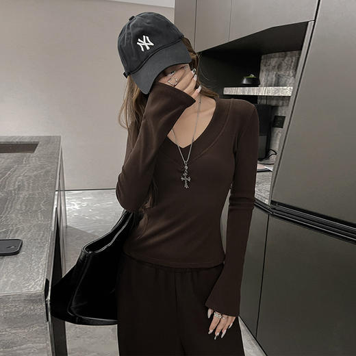 V领高弹力修身显瘦螺纹针织衫 商品图5