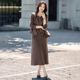 休闲百搭皮马甲条纹裙，套装两件套长袖连衣裙HR-YF2622