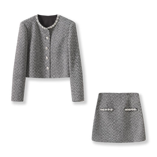 「高货wl」全新升级【铂金会员367/天猫499/差价132】(99454)洛诗琳轻奢小香风羊毛混纺外套重工钉钻A字半身裙两件套 商品图4