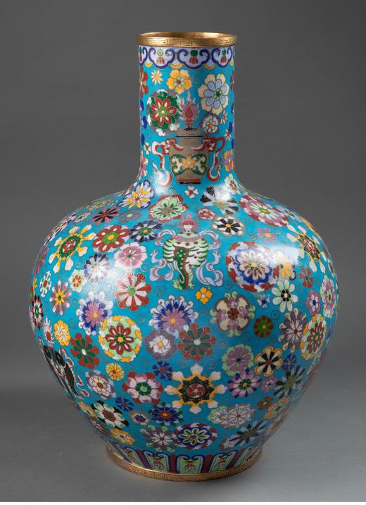 独角鹿西洋古董 19世纪末20世纪初中国出品鱼跃繁花纹景泰蓝天球瓶一对 商品图1