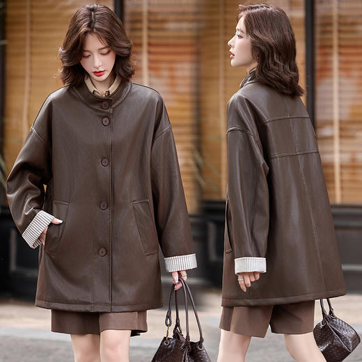 休闲风皮衣外套复古长袖，百搭条纹袖拼接中长款上衣HR-MLJL17029 商品图0