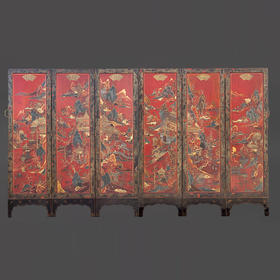 独角鹿西洋古董 19世纪中国出品山水亭台主题描金装饰红漆地款彩双面六曲屏风
