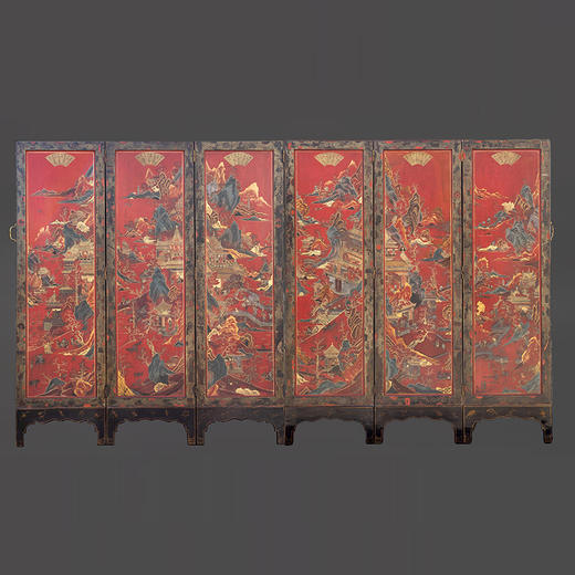 独角鹿西洋古董 19世纪中国出品山水亭台主题描金装饰红漆地款彩双面六曲屏风 商品图0
