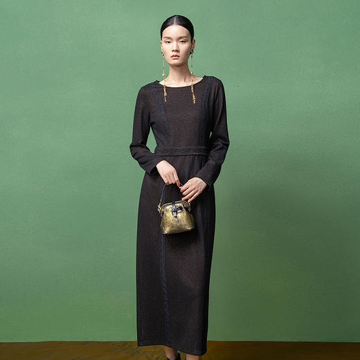 【林栖设计小店】金风玉露系列金葱羊毛连衣裙手工钉珠2025秋季新款长裙女1953063 商品图1