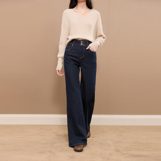 三彩2025冬季新款微喇牛仔裤高腰喇叭裤一体绒磨毛长裤S 商品图1