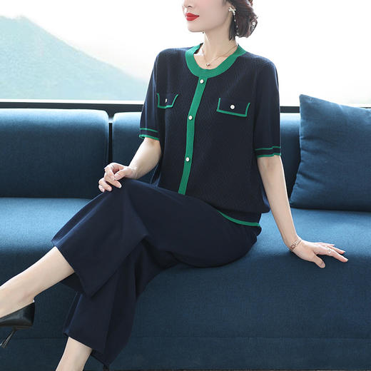 E2256气质女装中年妈妈时尚阔腿裤套装夏季短袖薄款冰丝针织休闲两件套 商品图1