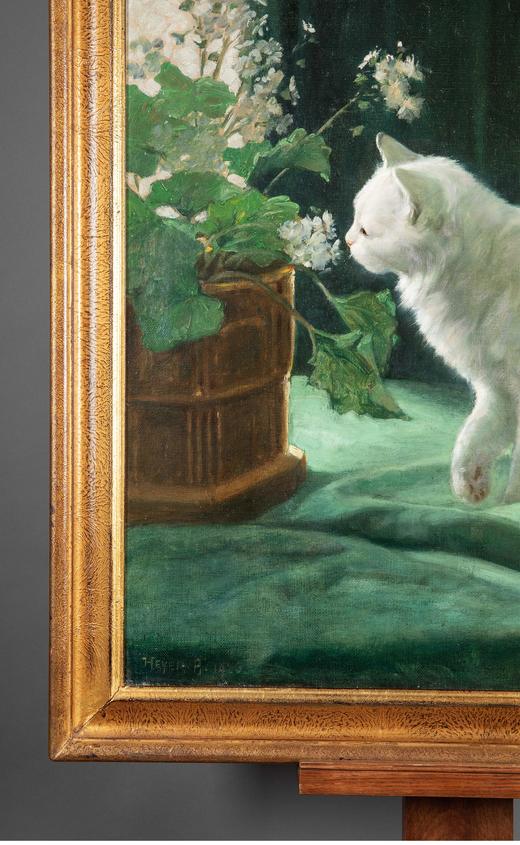 独角鹿西洋古董 德裔匈牙利画家Arthur Heyer签名创作白猫嗅花主题布面油画客厅装饰画 商品图2