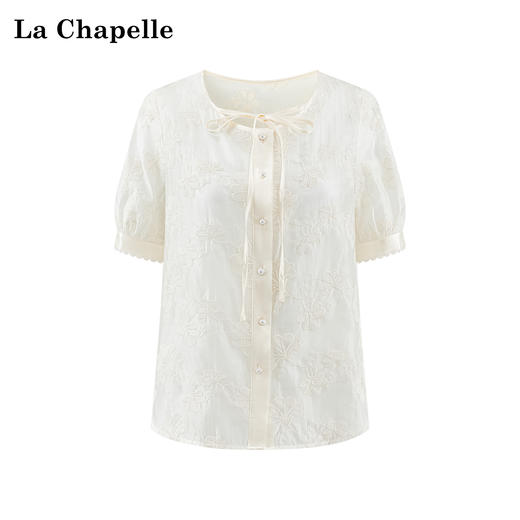 会员福利【天丝+重工刺绣】拉夏贝尔/La Chapelle圆领系带刺绣花朵短袖衬衫2025夏季新款上衣 商品图0