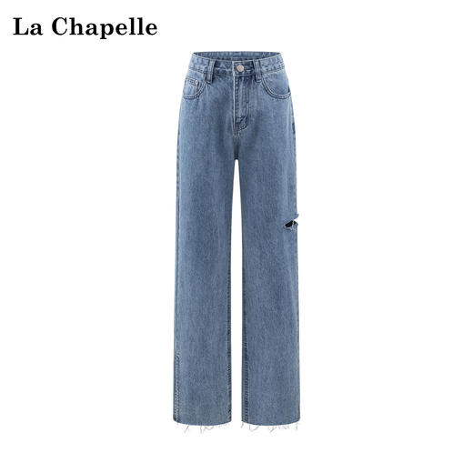 天猫同步【ykk拉链+高质感】拉夏贝尔/La Chapelle高腰显瘦秋季新款一粒扣侧边破洞牛仔裤 商品图0