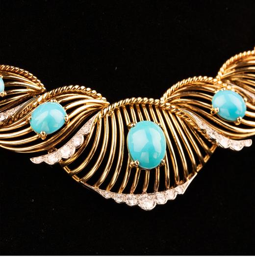 独角鹿西洋古董 法国珠宝品牌出品编织纽纹造型18K黄金白金镶嵌钻石及绿松石项链 商品图4