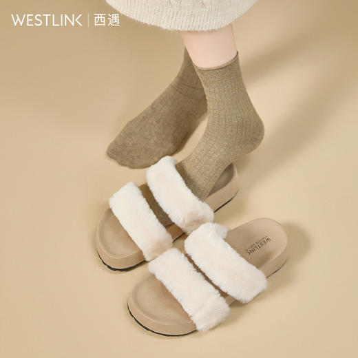 西遇法式毛毛拖鞋女新款秋冬羊毛保暖百搭配裙子厚底外穿拖鞋V1857078 商品图3