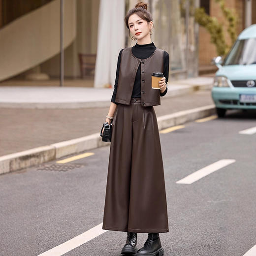 轻熟通勤风PU皮马甲阔腿裤套装，时尚气质石墨两件套HR-GJC2591 商品图0