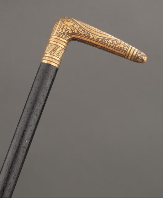 独角鹿西洋古董 1880-1910年代西班牙出品卷叶花卉纹主题托莱多钢镶嵌黄金杖柄装饰硬木杖身古董手杖 商品图2