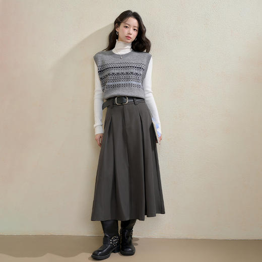 西遇格雷系百褶半身裙女秋季新款气质通勤高腰显瘦A字中长裙H0055236 商品图1