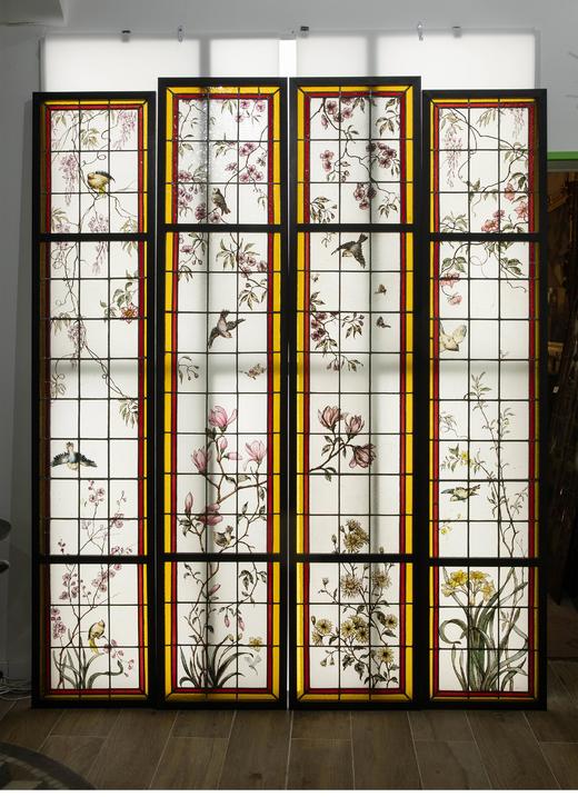 独角鹿西洋古董 19世纪末20世纪初法国新艺术时期出品雀鸟繁花主题彩绘玻璃花窗一组 商品图0