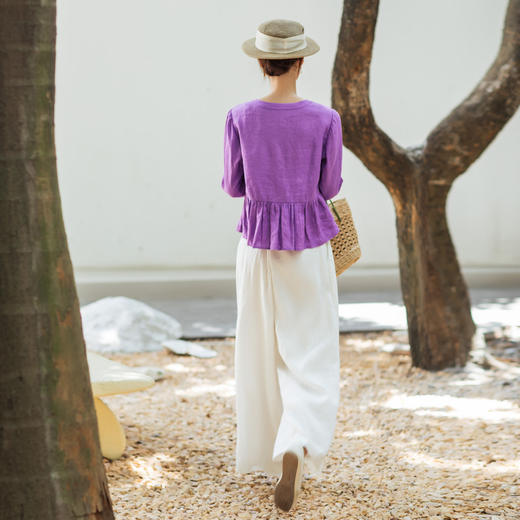 【林栖设计小店】【林栖推荐】薰衣草紫亚麻呼吸透气清爽V领上衣女N1953332 商品图5