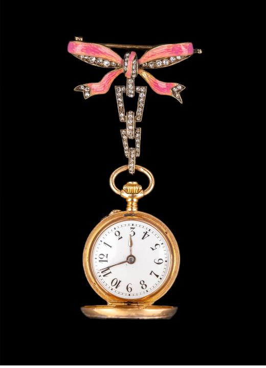 独角鹿西洋古董 19世纪末20世纪初瑞士H. Moser & Cie工坊出品蝴蝶结造型14K黄金镶嵌钻石及粉色珐琅胸针怀表 商品图1