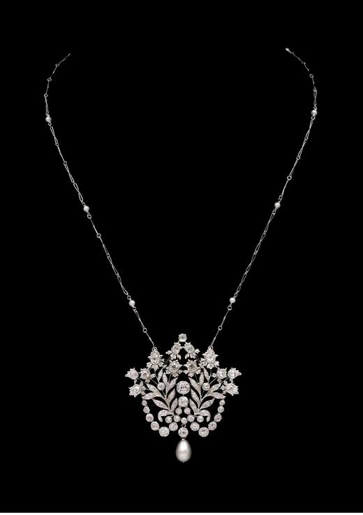 独角鹿西洋古董 1920年代法国出品美好时代风格花束造型铂金镶嵌钻石及天然海水珍珠吊坠项链 商品图0