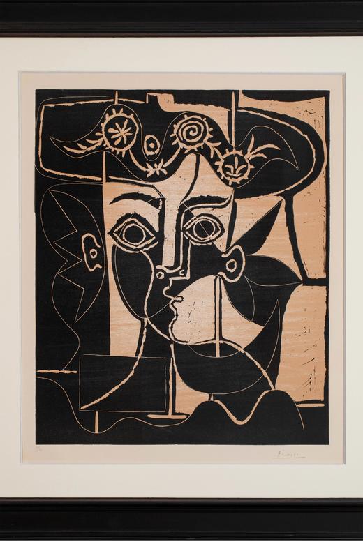 独角鹿西洋古董 1962年西班牙艺术大师签名创作出品限量麻胶版画作品《戴帽子的杰奎琳头像》 商品图1