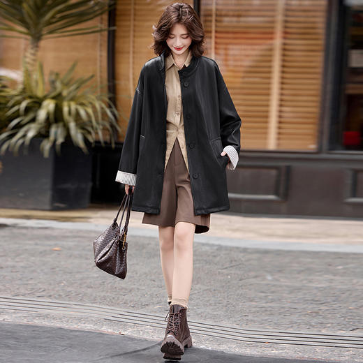 休闲风皮衣外套复古长袖，百搭条纹袖拼接中长款上衣HR-MLJL17029 商品图3