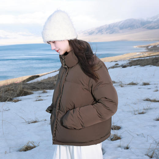 三彩2025冬季新款格纹拼接立领羽绒服90白鸭绒面包服短款M 商品图2