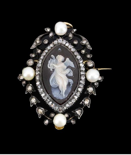 独角鹿西洋古董 19世纪欧洲出品黄金底纯银镶嵌天然海水珍珠钻石及天使奏乐主题卡梅奥玛瑙浮雕胸针/吊坠 商品图0