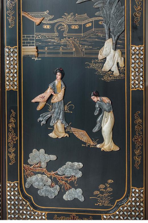 【已售】独角鹿西洋古董 中国创汇时期出品庭院人物主题百宝嵌装饰螺钿黑漆描金双面六曲屏风 商品图3